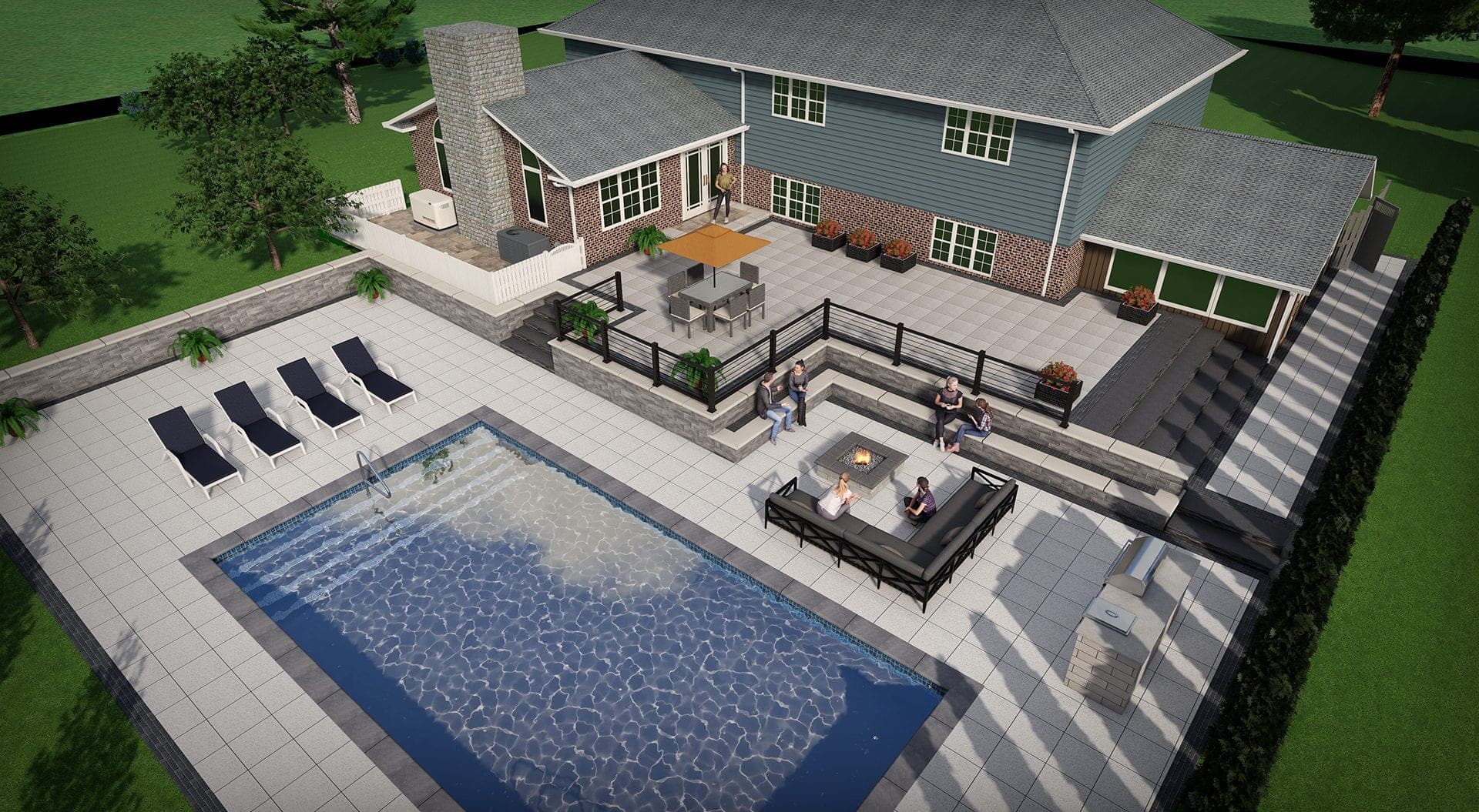 U-Vision 3D rendering of a backyard with pool, sunken lounge and paver patio