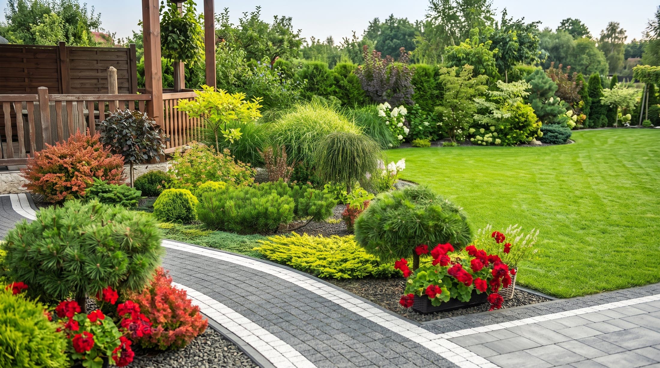 Curated garden beds with sculpted evergreens beside a banded paver walkway