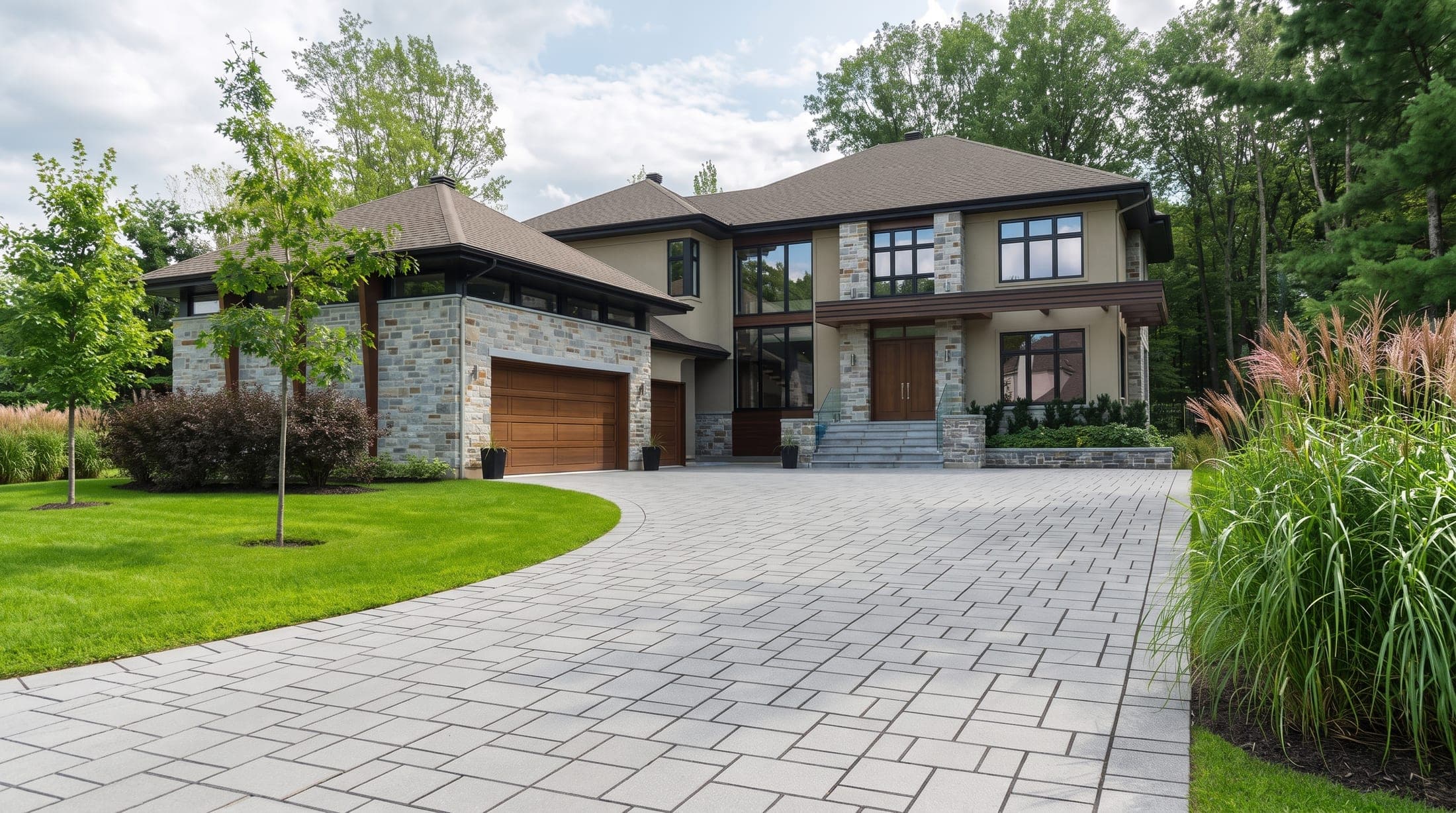 Interlock paver driveway sweeping up to a stone and stucco home framed by lawn and grasses