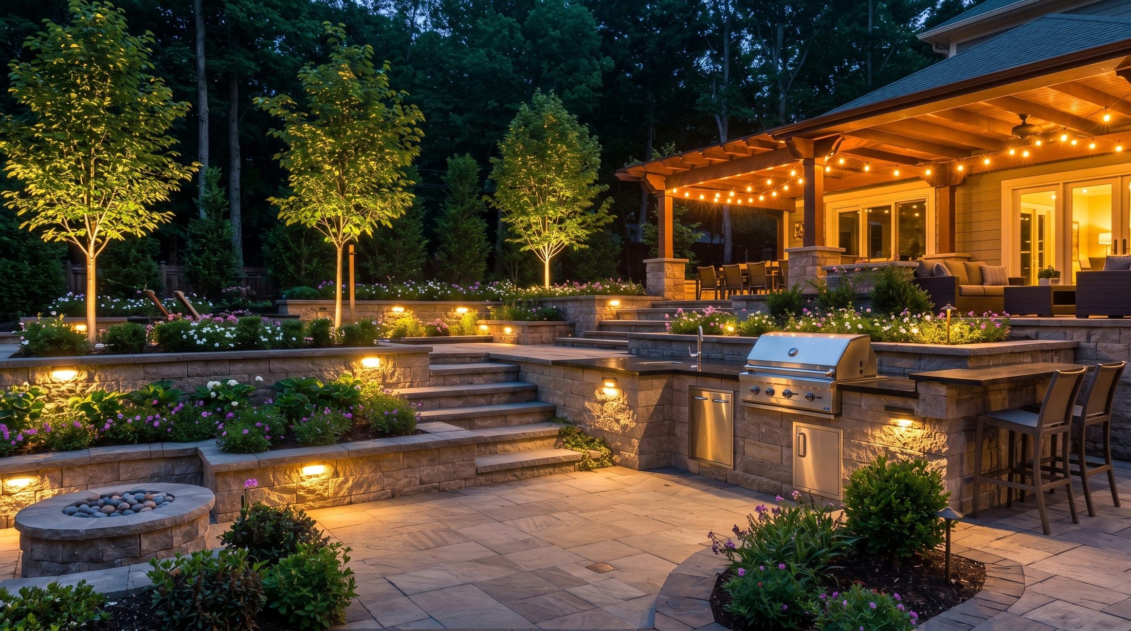 Terraced backyard with outdoor kitchen, fire pit and landscape lighting at dusk