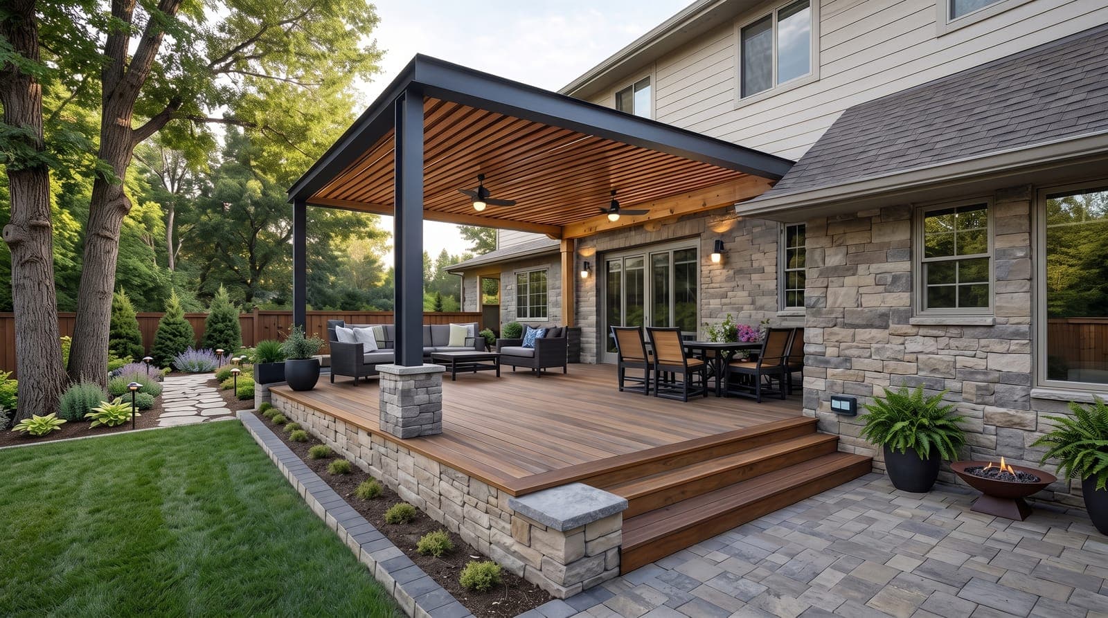 Covered composite deck with stone pillars stepping down to a paver patio