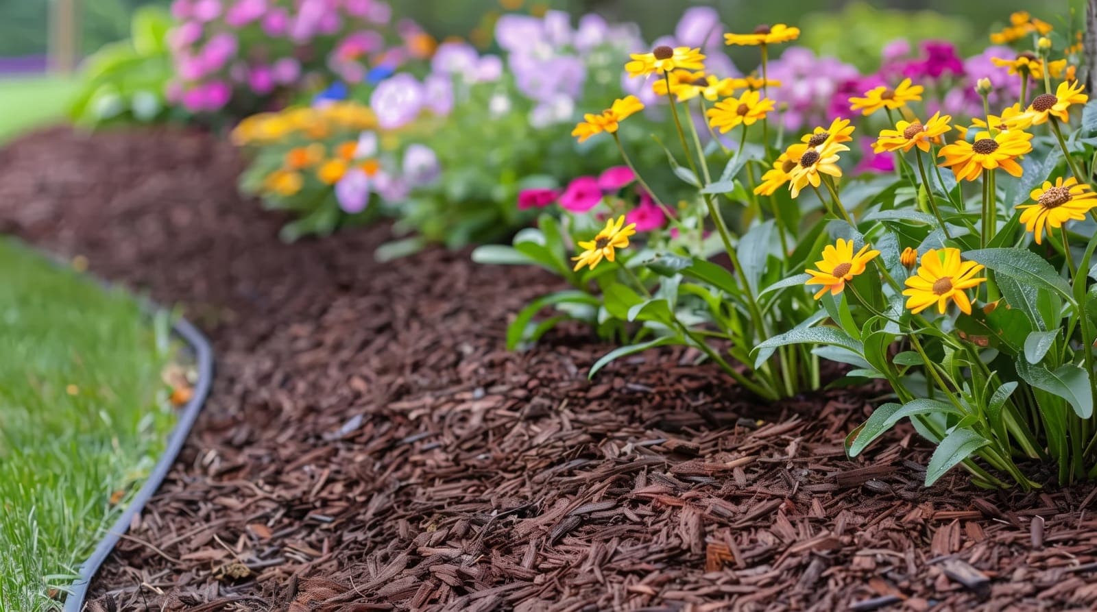 Fresh brown mulch bed with crisp edging and colourful perennials