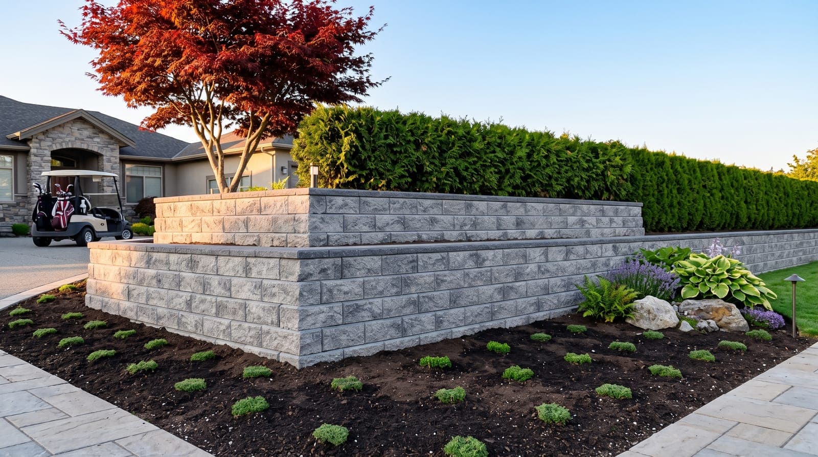 Two-tier stone retaining wall with a red maple and fresh plantings